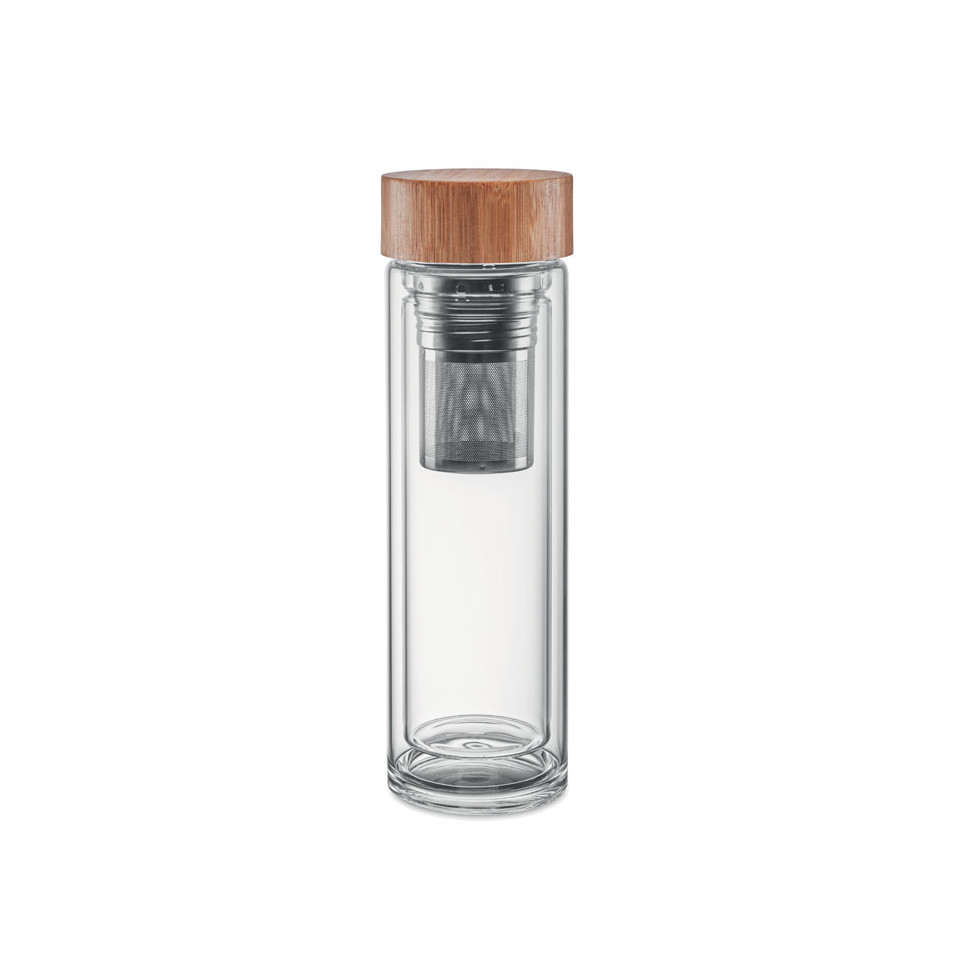 Gourde personnalisable en verre borosilicate double paroi couvercle en bambou avec infuseur à thé 420 ml