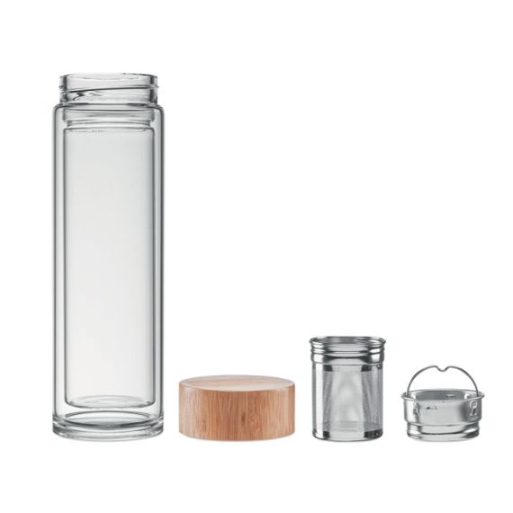 Gourde personnalisable en verre borosilicate double paroi couvercle en bambou avec infuseur à thé 420 ml