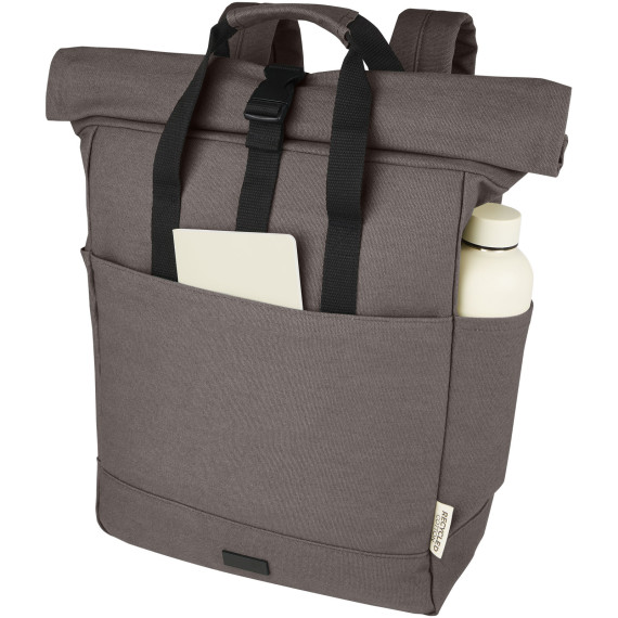 Sac publicitaire à dos pour ordinateur portable Joey de 15 L en toile recyclée GRS 15 pouces avec dessus enroulable