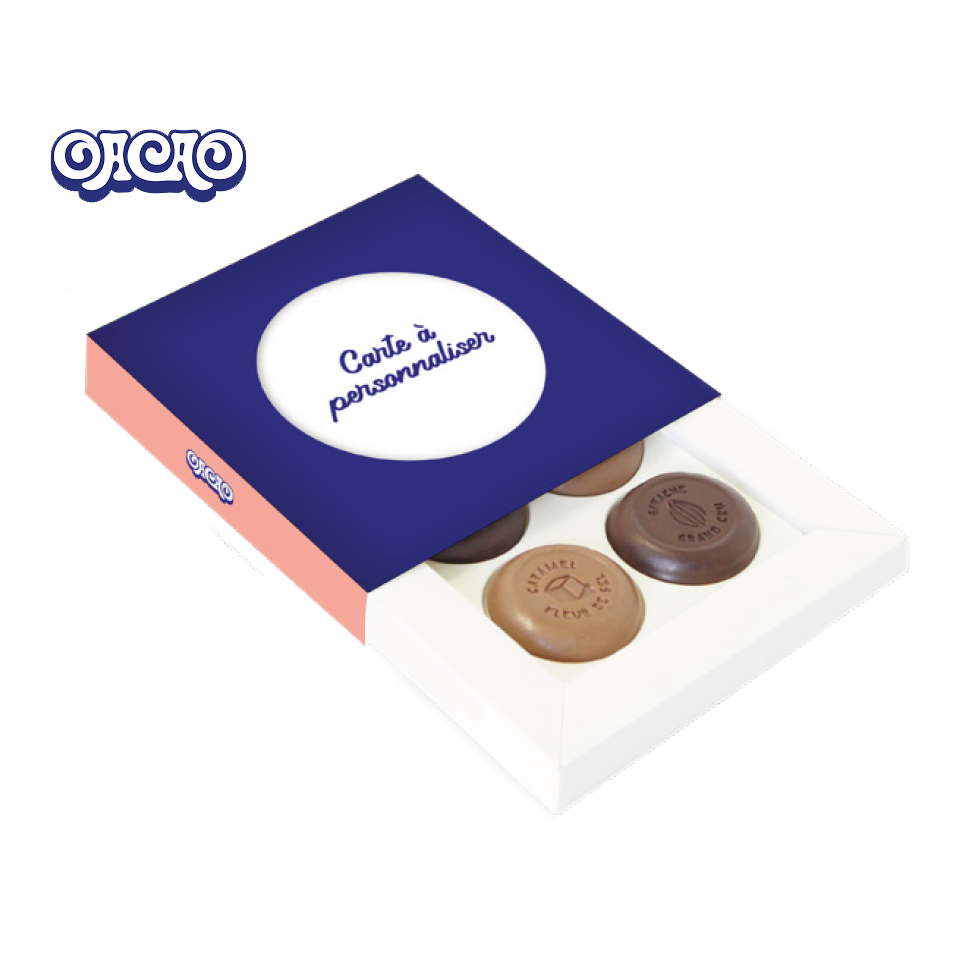 Coffret 4 bonbons palets chocolats fourrés bio personnalisés en étui fabriqué en France