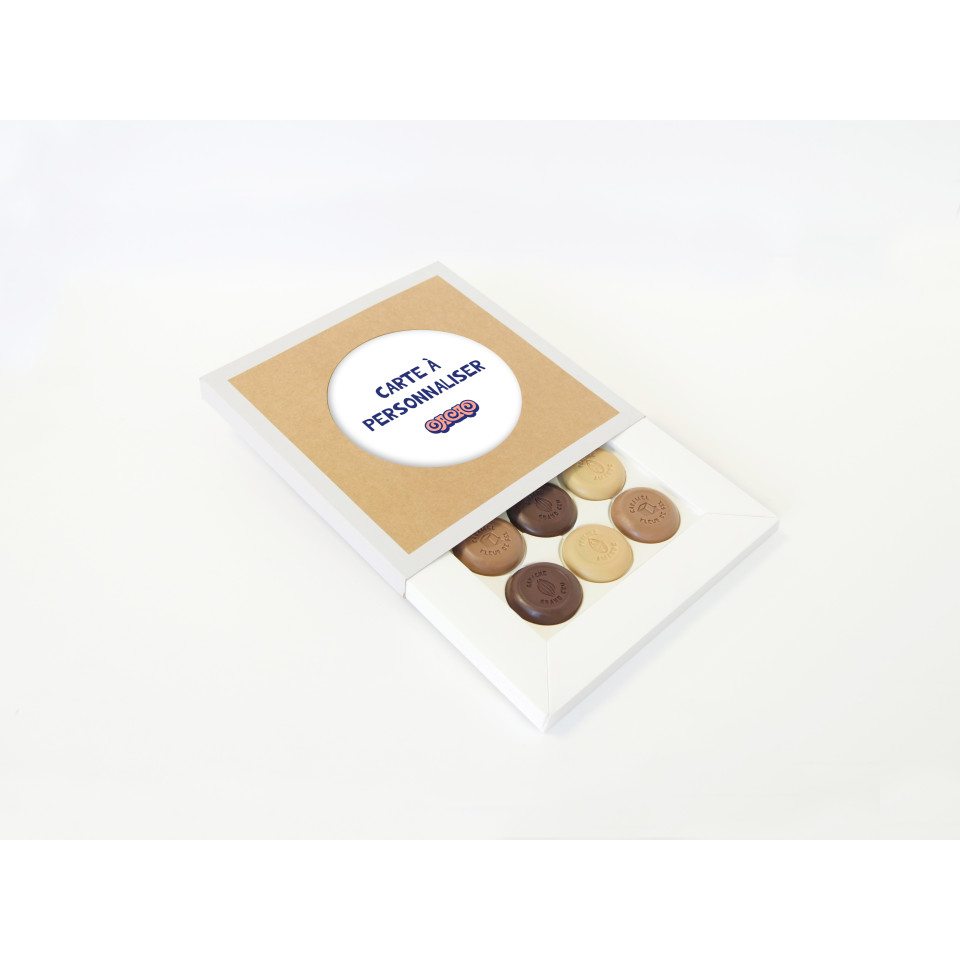 Coffret 4 bonbons palets chocolats fourrés bio personnalisés en étui fabriqué en France