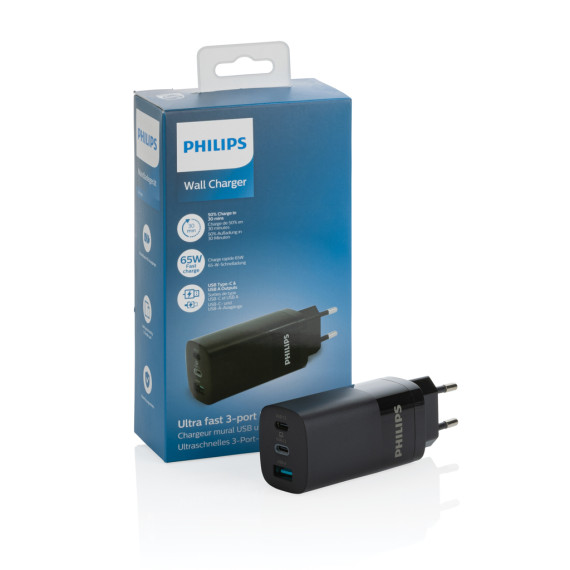 Chargeur publicitaire mural USB 3 ports PD ultra-rapide Philips 65 W