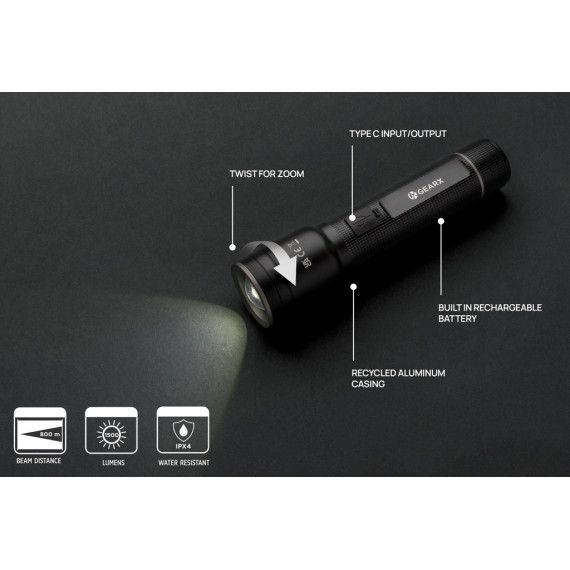 Torche publicitaire robuste rechargeable par USB en aluminium recyclé RCS