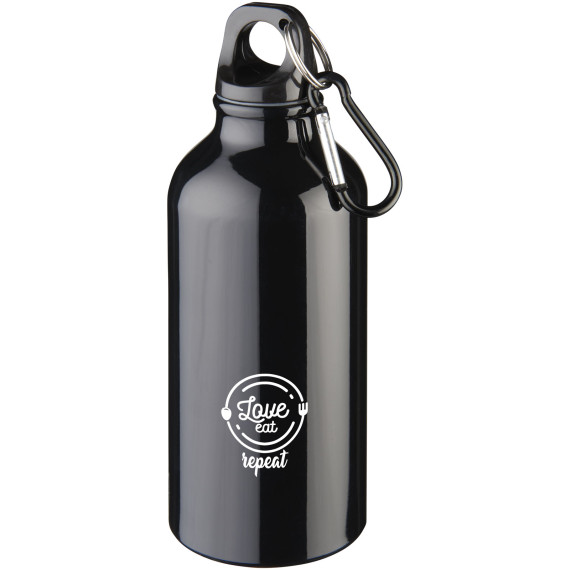 Bouteille publicitaire d'eau Oregon de 400 ml en aluminium recyclé certifié RCS avec mousqueton