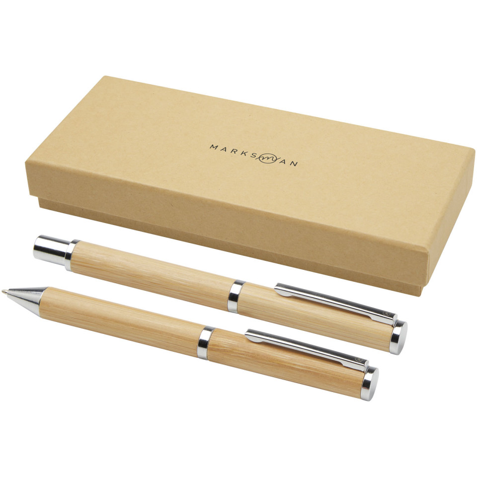 Coffret publicitaire cadeau stylo bille et stylo roller Apolys en bambou