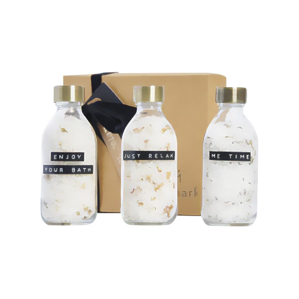 Coffret cadeau personnalisé avec sel de bain WELLmark Just Relax avec 3 pièces de 200 ml