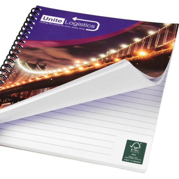 Carnet publicitaire de notes à spirales A4 Desk-Mate® avec couverture arrière imprimée fabriqué en Europe