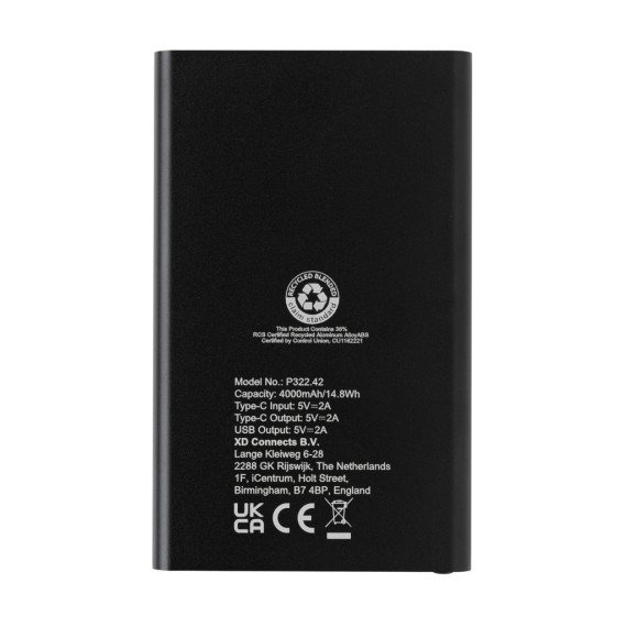 Powerbank publicitaire 4000mAh en plastique recyclé/aluminium RCS