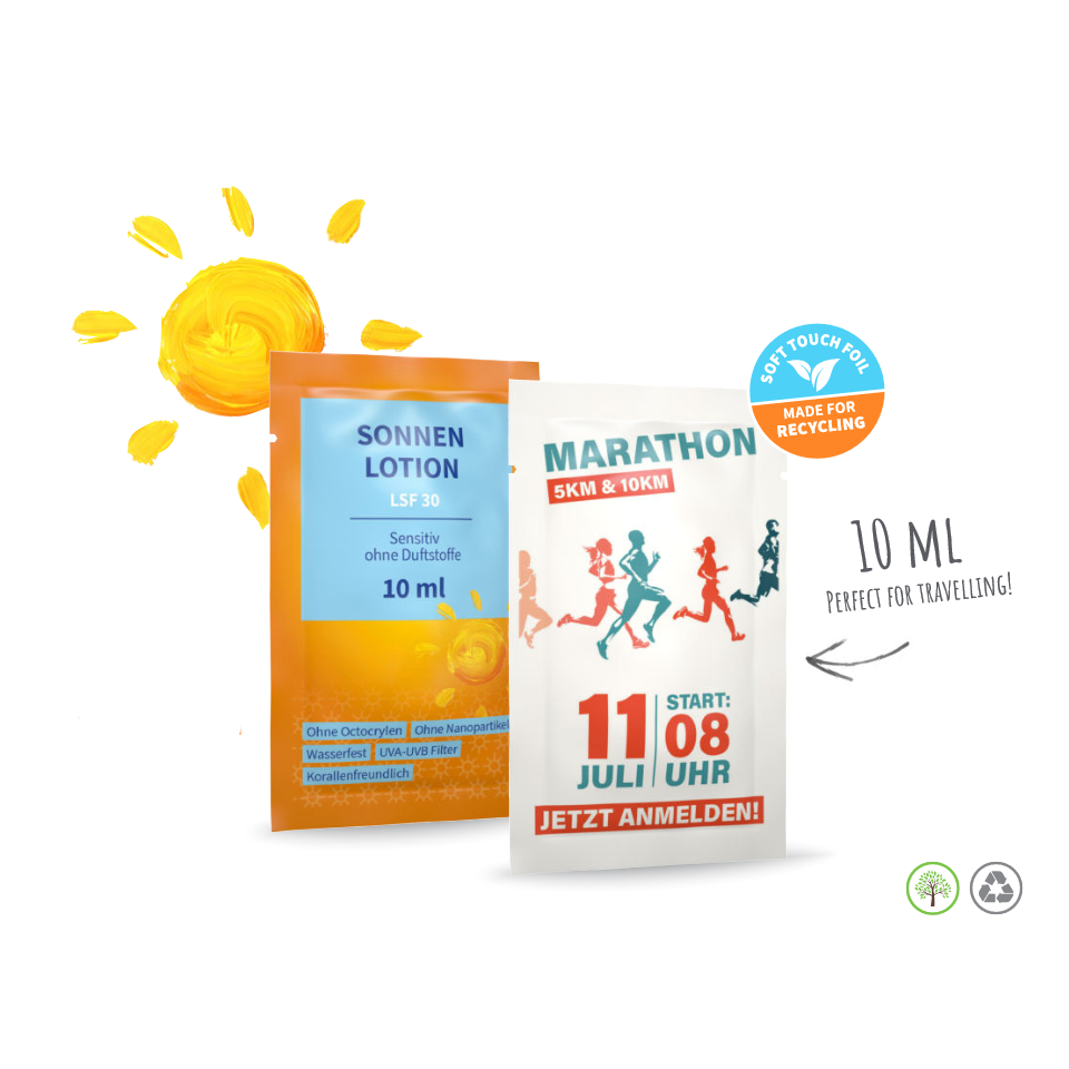 Sachet de crème solaire protectrice SFP 30 personnalisée 10 ml fabriqué en Europe