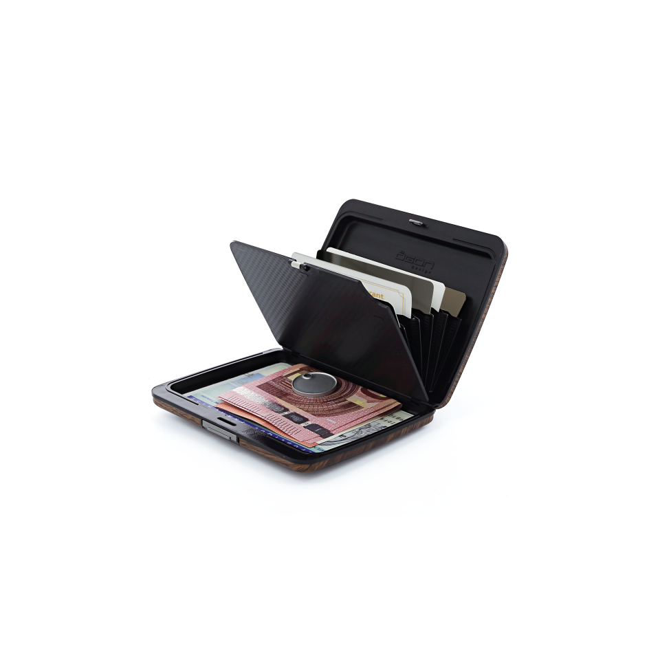 Porte cartes personnalisé RFID Aluminium imprimé aspect bois OGON Smart Case V2 grand modèle