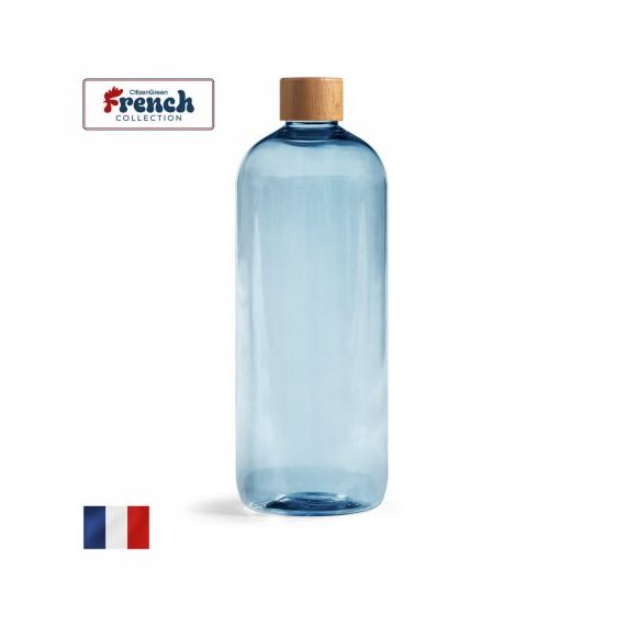 Bouteille personnalisée 100 % PET recyclé avec bouchon à vis en bois 1 litre Fabriquée en France