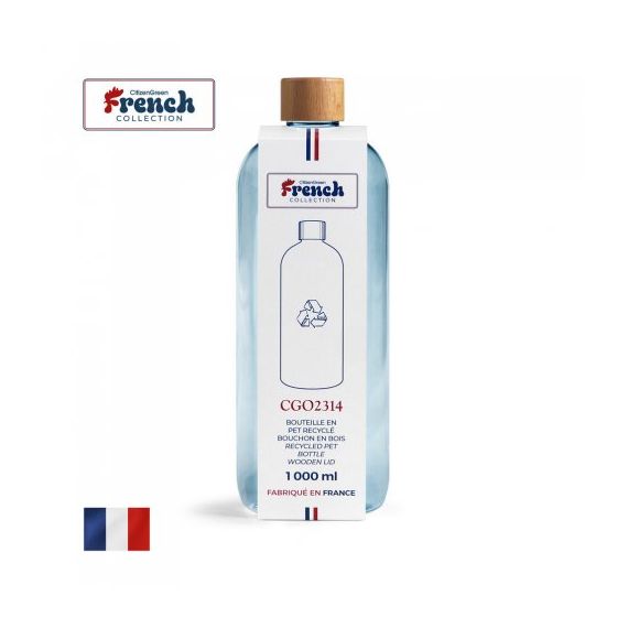 Bouteille personnalisée 100 % PET recyclé avec bouchon à vis en bois 1 litre Fabriquée en France