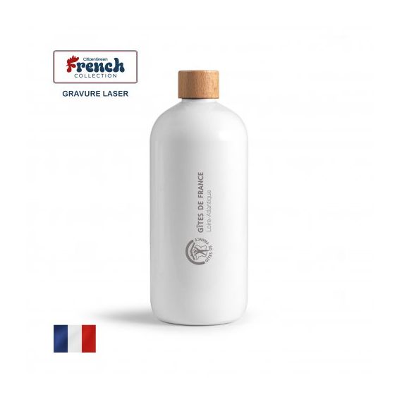 Bouteille publicitaire 100 % PET recyclé avec bouchon à vis en bois Fabriqué en France