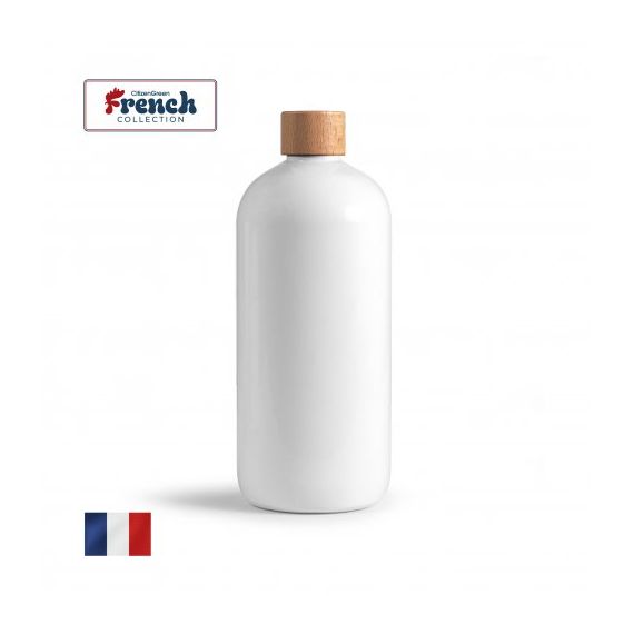 Bouteille publicitaire 100 % PET recyclé avec bouchon à vis en bois Fabriqué en France