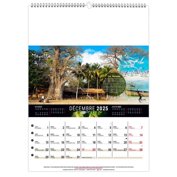 Calendrier publicitaire fabriqué en France Mural 12 feuillets Mayotte 