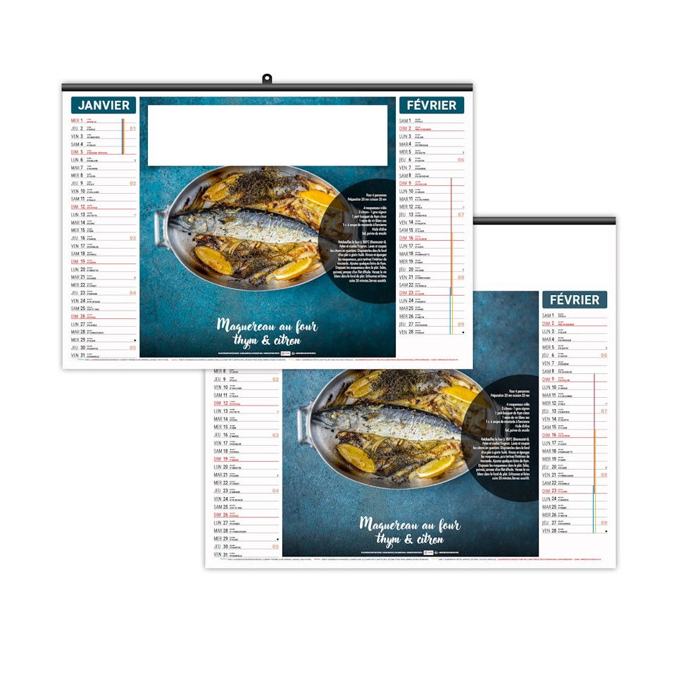 Calendrier économique publicitaire fabriqué en France 6 feuillets Plats et Desserts