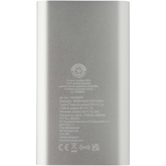 Batterie publicitaire de secours sans fil en aluminium recyclé Juice type-C de 4 000 mAh