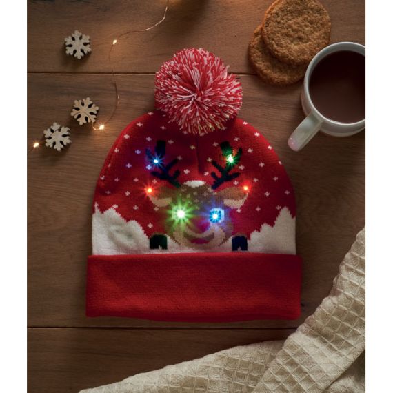 Bonnet de Noël lumineux publicitaire tricoté avec 6 led Shimas Light