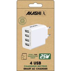 Chargeur publicitaire Secteur Prise Muraleà Charge Rapideavec 4 Ports USB Akashi