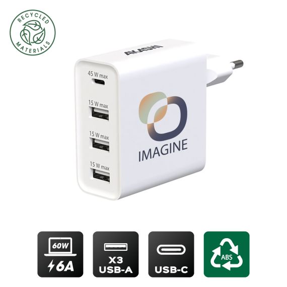 Chargeur publicitaire Secteur Intelligent 6A 3 USB et TYPE-C 60W Akashi