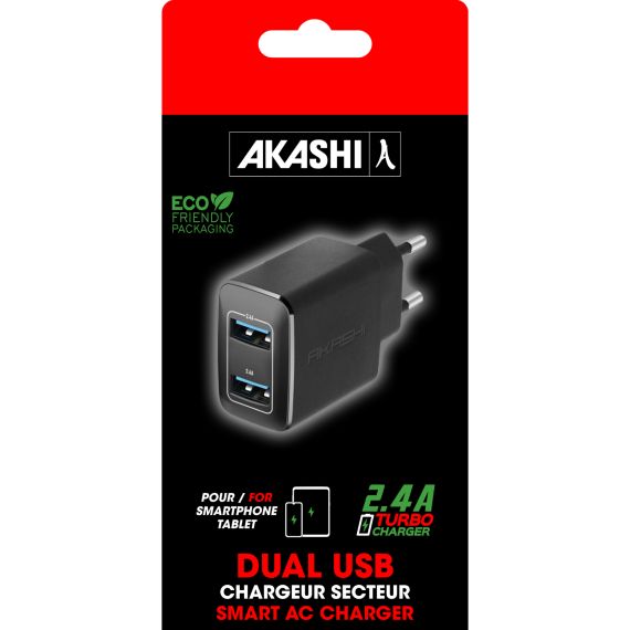 Chargeur publicitaire Secteur Prise Muraleà Charge Rapideavec 2 Ports USB Akashi