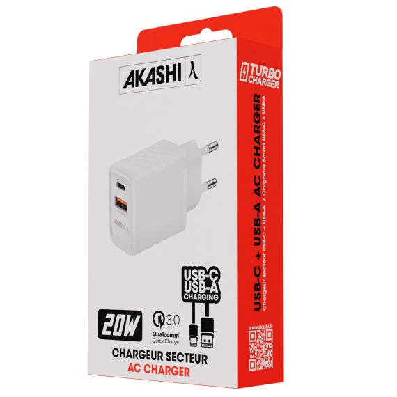 Chargeur publicitaire Secteur USB et USB-C Ultra-Rapide 20W Akashi