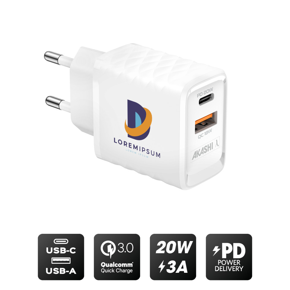 Chargeur publicitaire Secteur USB et USB-C Ultra-Rapide 20W Akashi