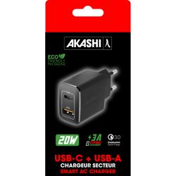 Chargeur publicitaire Secteur USB et USB-C Ultra-Rapide 20W Akashi