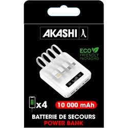 BATTERIE publicitaire AVEC CABLE 4 EN 1 INTEGRE ET 2 USB 10,000 mAh Akashi