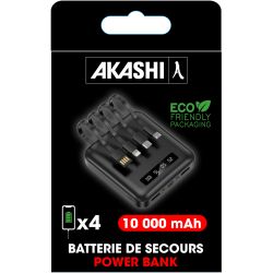 BATTERIE publicitaire AVEC CABLE 4 EN 1 INTEGRE ET 2 USB 10,000 mAh Akashi