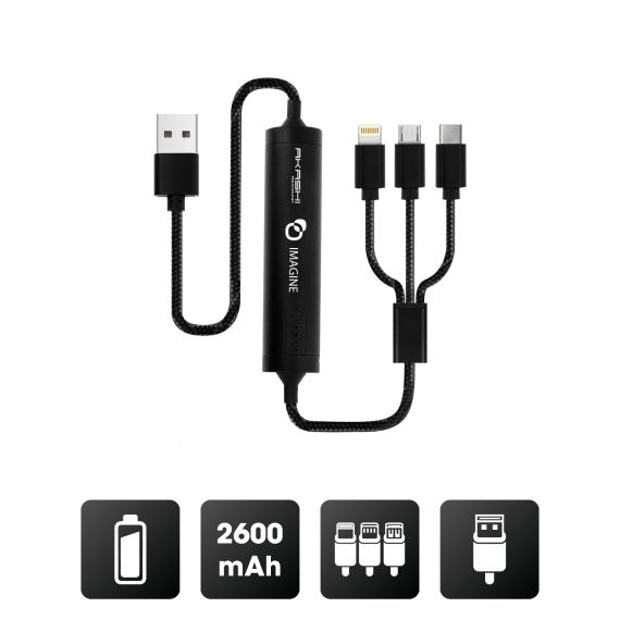 Câble publicitaire 3 en 1 avec Batterie Intégrée, Connectique Lightning Apple, USB-C, Micro-USB, 2600 mAh Akashi