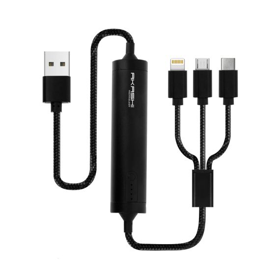 Câble publicitaire 3 en 1 avec Batterie Intégrée, Connectique Lightning Apple, USB-C, Micro-USB, 2600 mAh Akashi