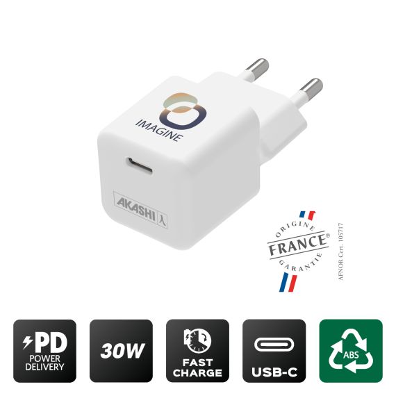 Chargeur prise USB-C publicitaire 30W Nano fabriqué en France