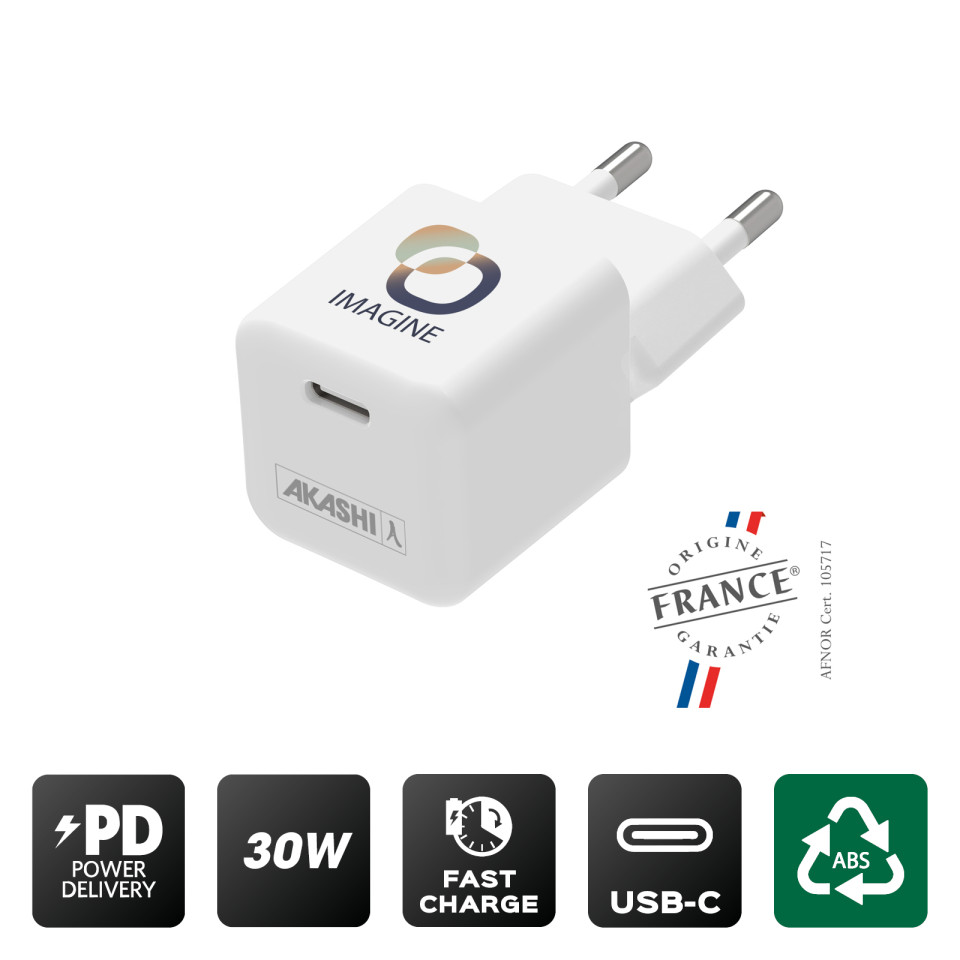 Chargeur prise USB-C publicitaire 30W Nano fabriqué en France