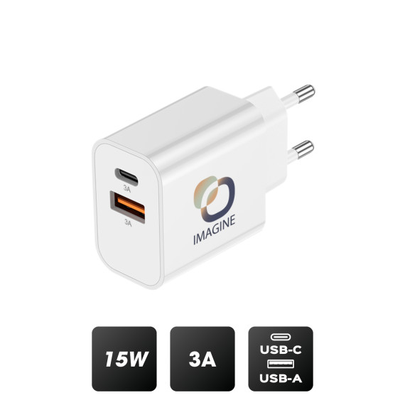 Chargeur publicitaire secteur usb type-c 15w + usb-a