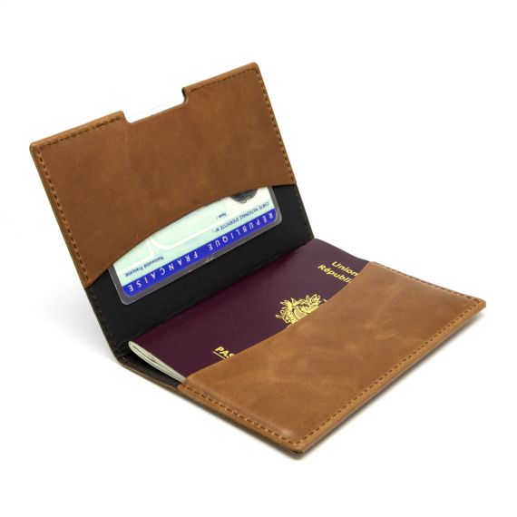 Porte-passeport publicitaire et carte grise et assurance en cuir véritable fabriqué en Europe 13,5 x 9,6 x 0,6 cm Akashi