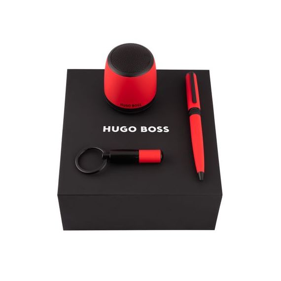 Parure publicitaire Gear Matrix stylo bille, porte clefs et enceinte connectée Hugo BOSS