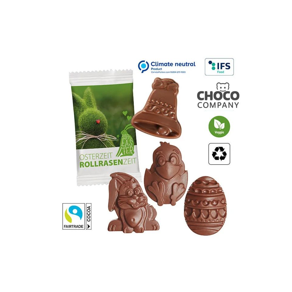 Figurines de Pâques en chocolat personnalisées fabriquées en Europe Gubor Veggie sachet blanc recyclable